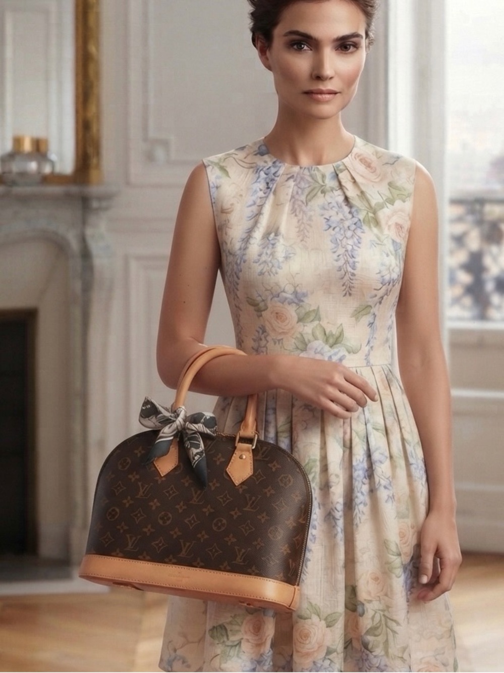 Louis Vuitton Monogram Alma Satchel with Black & Gold Scarf